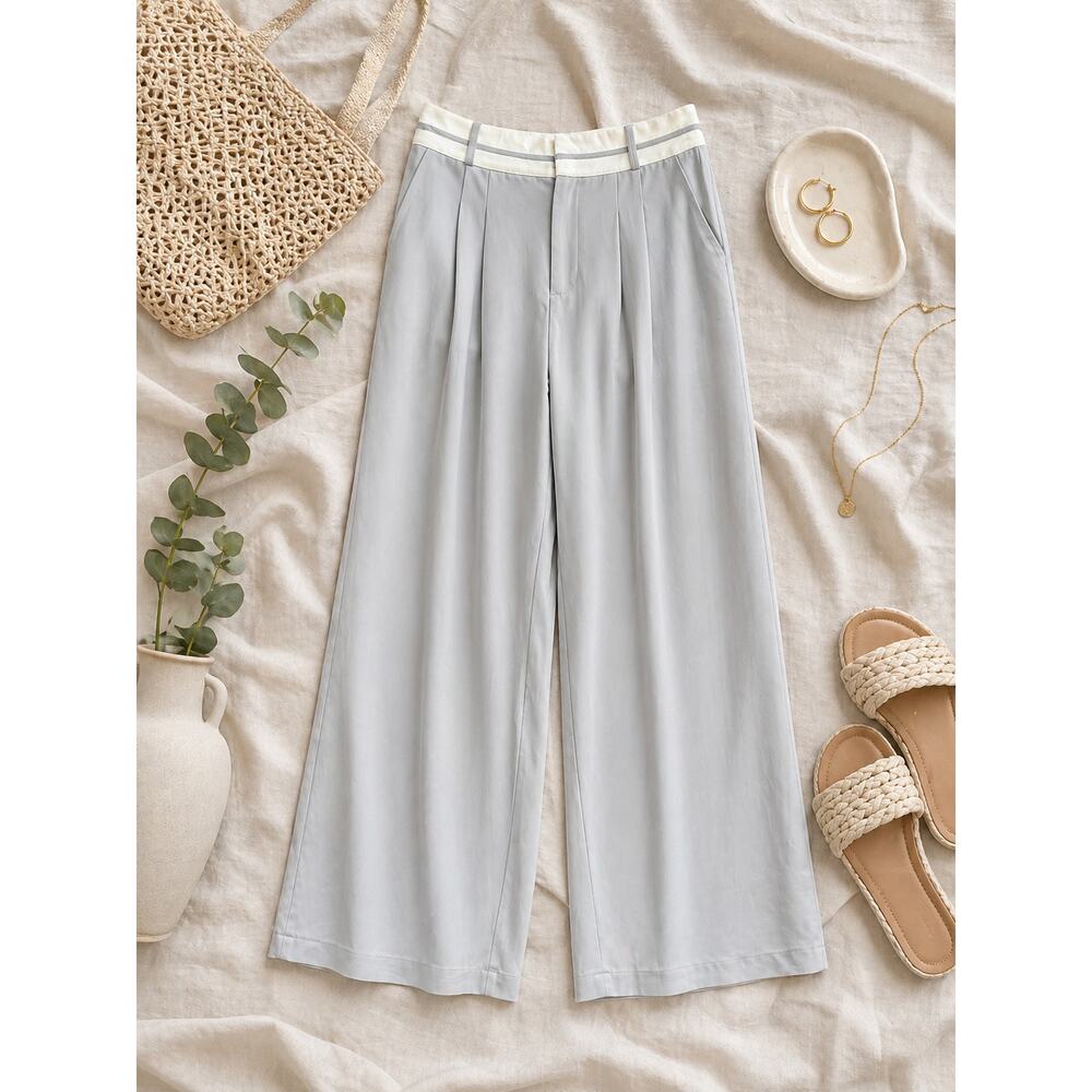 NWT Women's Commense High Rise Wide Leg Trousers Gray Contrast Waist Size L
